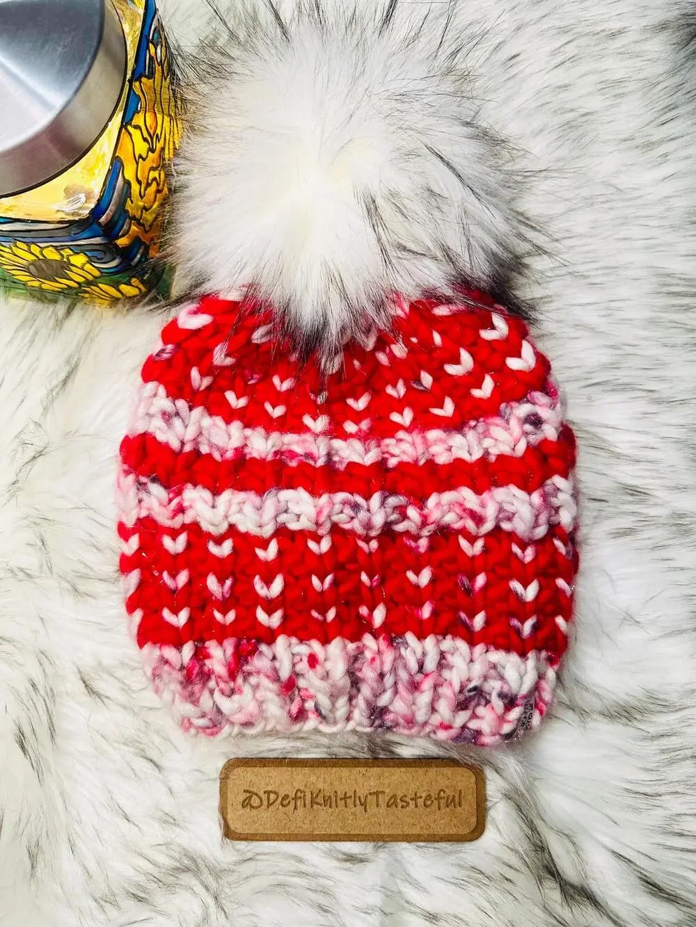 Hand Knit Merino Wool Beanie with Faux Fur Pom - Adult Size